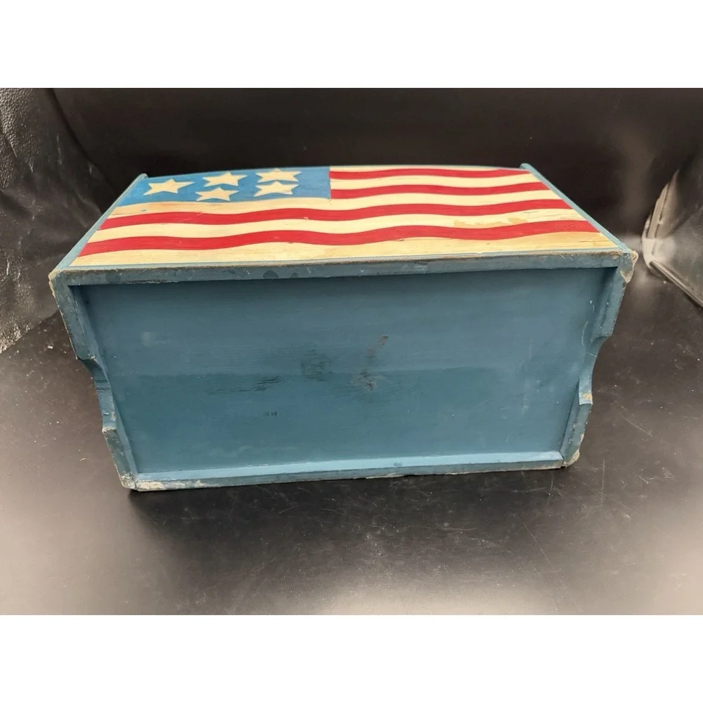 Americana Patriotic Wooden Storage Caddy Basket Tote Hand Painted Flag Decor